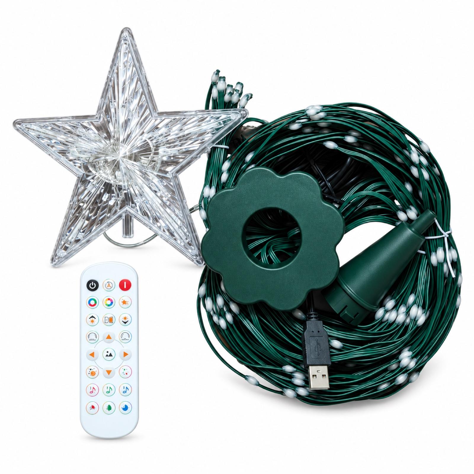 The kit on white: clear star topper, coiled dark-green LED strands with a ring, controller with USB plug and white remote