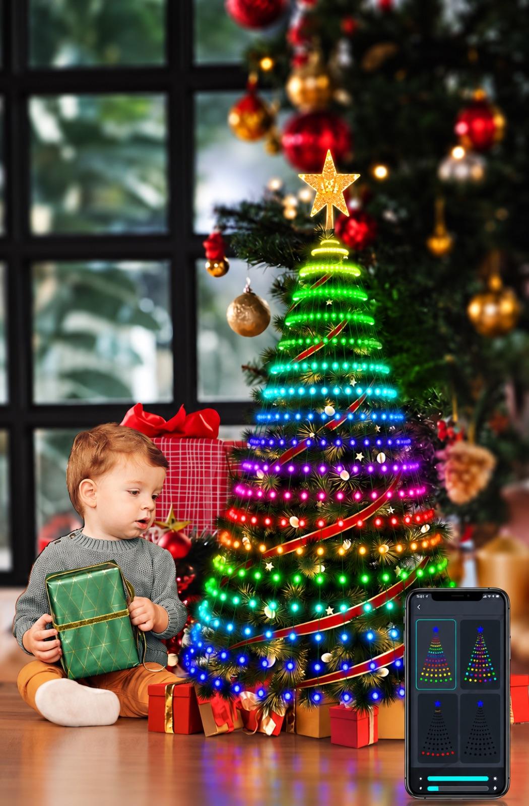 Tree showing a moving multicolour pattern, phone app beside it